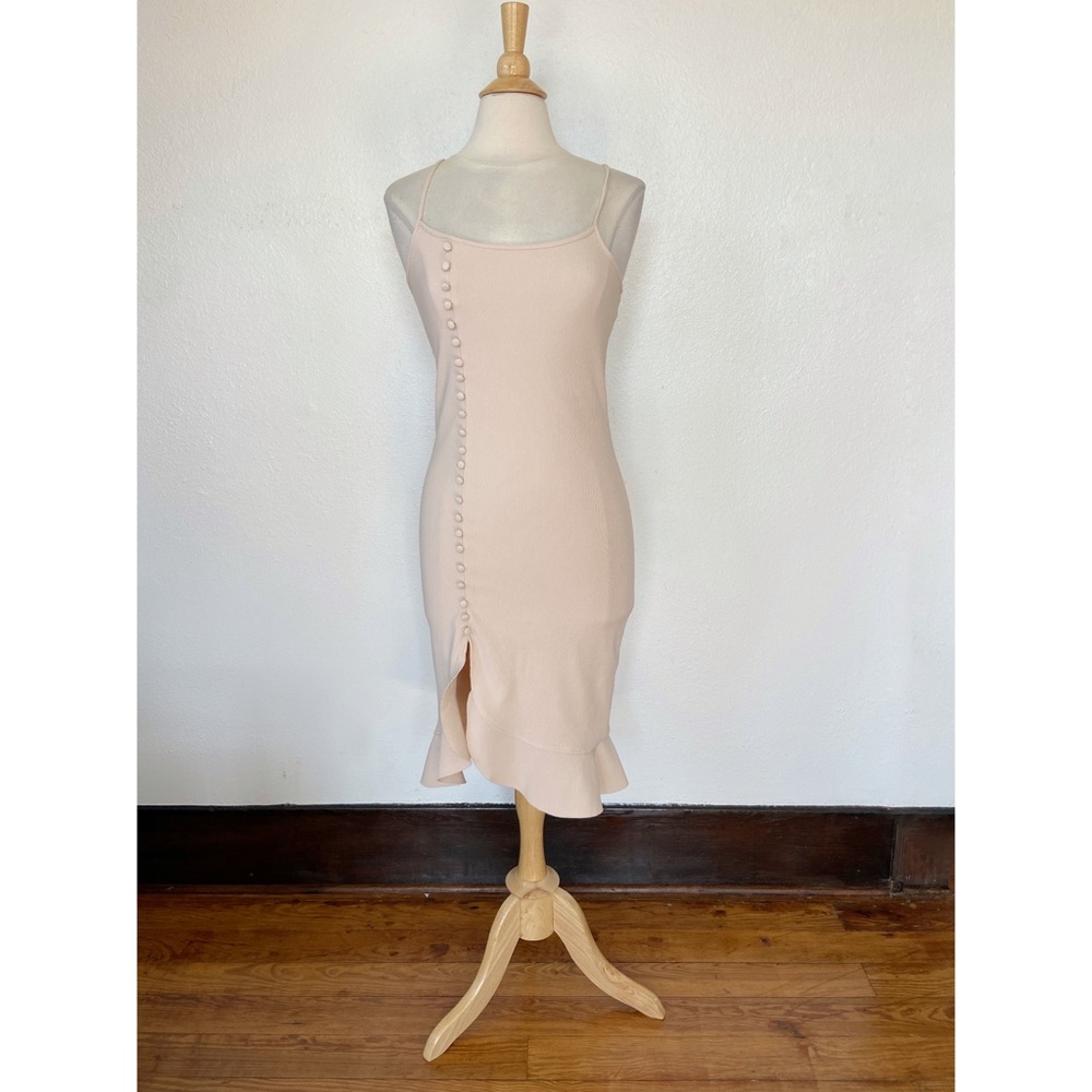 Textured Ruffle Hem Super Fitted Solid Cream Midi Dress